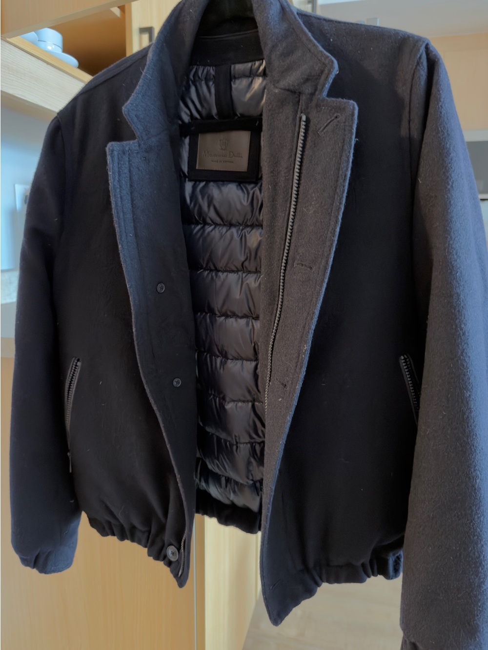 Massimo Dutti Black Puffer-Trimmed Wool Bomber Jacket